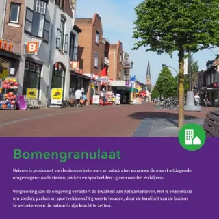 Voorblad van de brochure Bomengranulaat met een boom in een winkelstraat
