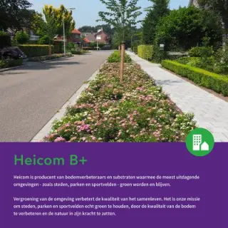 Voorblad van de flyer Heicom B+ met een bloeiende middenberm in een woonstraat