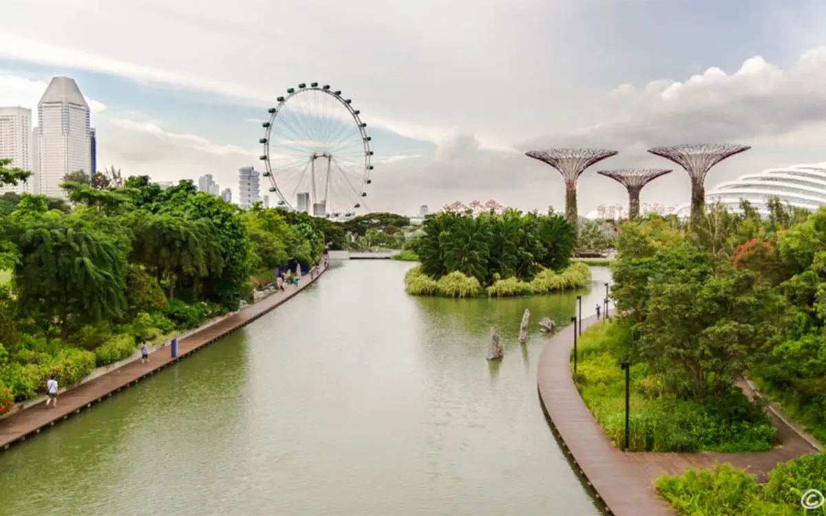 Park met waterloop, reuzenrad en boomvormige torens in de skyline van Singapore