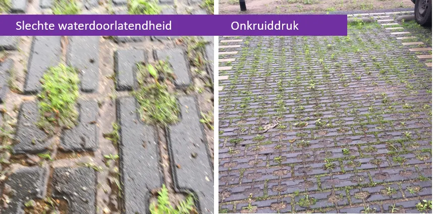 Grasklinkers met onkruid ertussen, met labels slechte waterdoorlatendheid en onkruiddruk