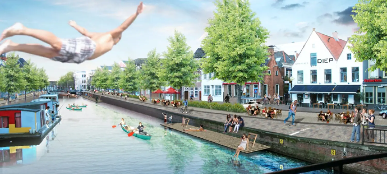 Ontwerpvisual van een gracht met kanovaarders, terrassen en een duikende man