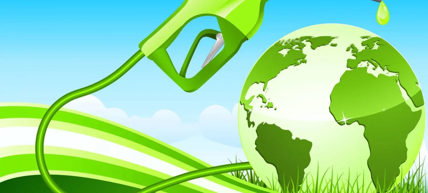 Illustratie van een groen tankpistool naast een groene wereldbol in het gras