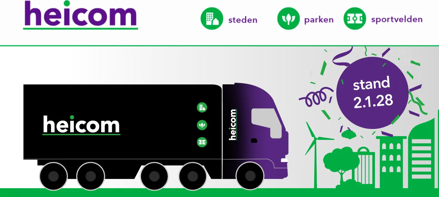 Banner met heicom-logo, getekende paarse vrachtwagen en de tekst stand 2.1.28