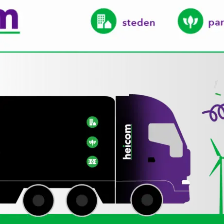 Banner met heicom-logo, getekende paarse vrachtwagen en de tekst stand 2.1.28