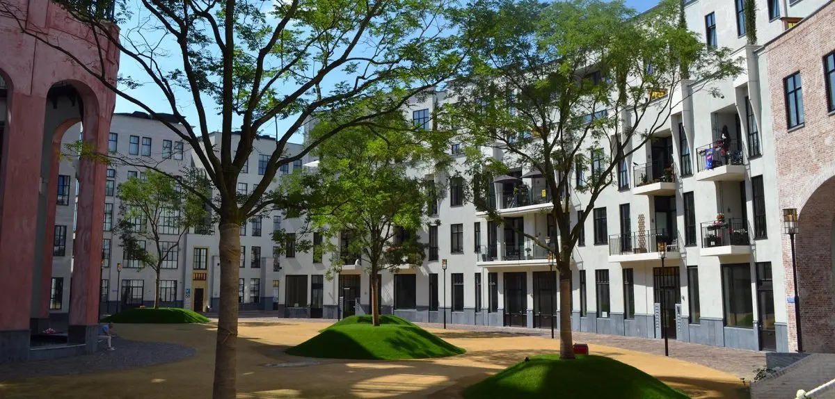 Zonnige binnenplaats met bomen, grasheuvels en zandkleurige verharding