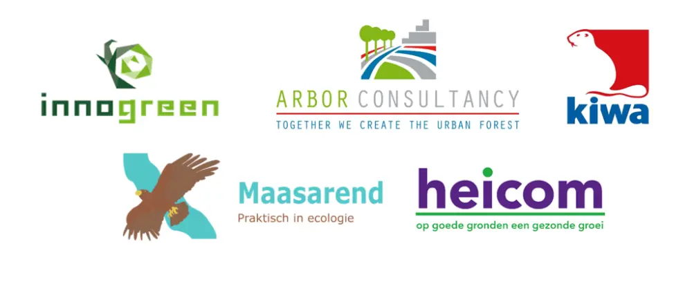 Logo's van innogreen, Arbor Consultancy, Kiwa, Maasarend en heicom