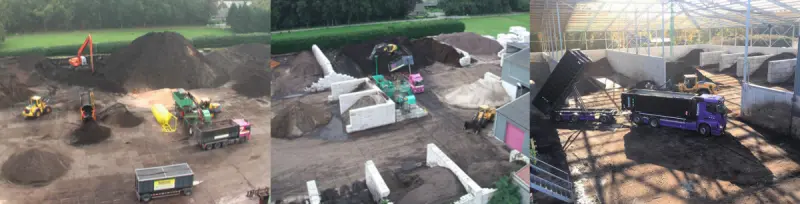 Drieluik met luchtfoto's van grondhopen, shovel en overdekte opslaghal