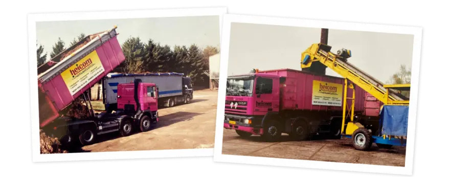 Twee schuine fotoafdrukken met roze Heicom-vrachtwagens die grond laden