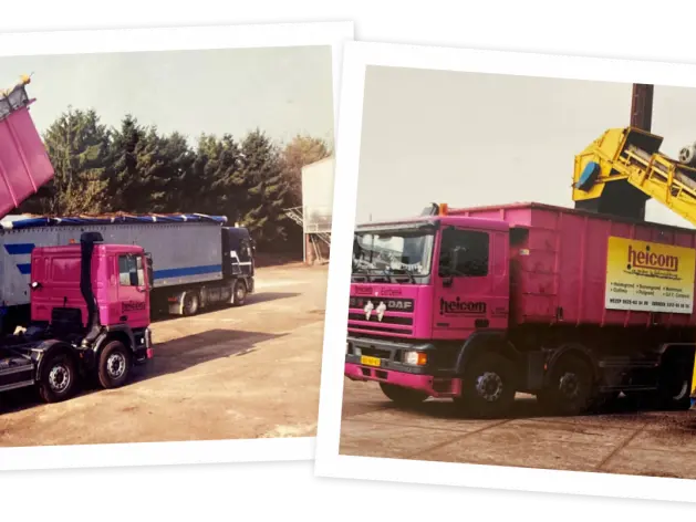 Twee schuine fotoafdrukken met roze Heicom-vrachtwagens die grond laden