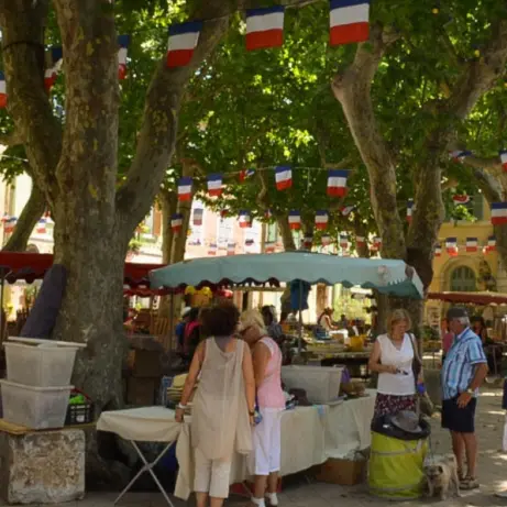 Marktkraampjes onder platanen op een Frans dorpsplein met vlaggetjes