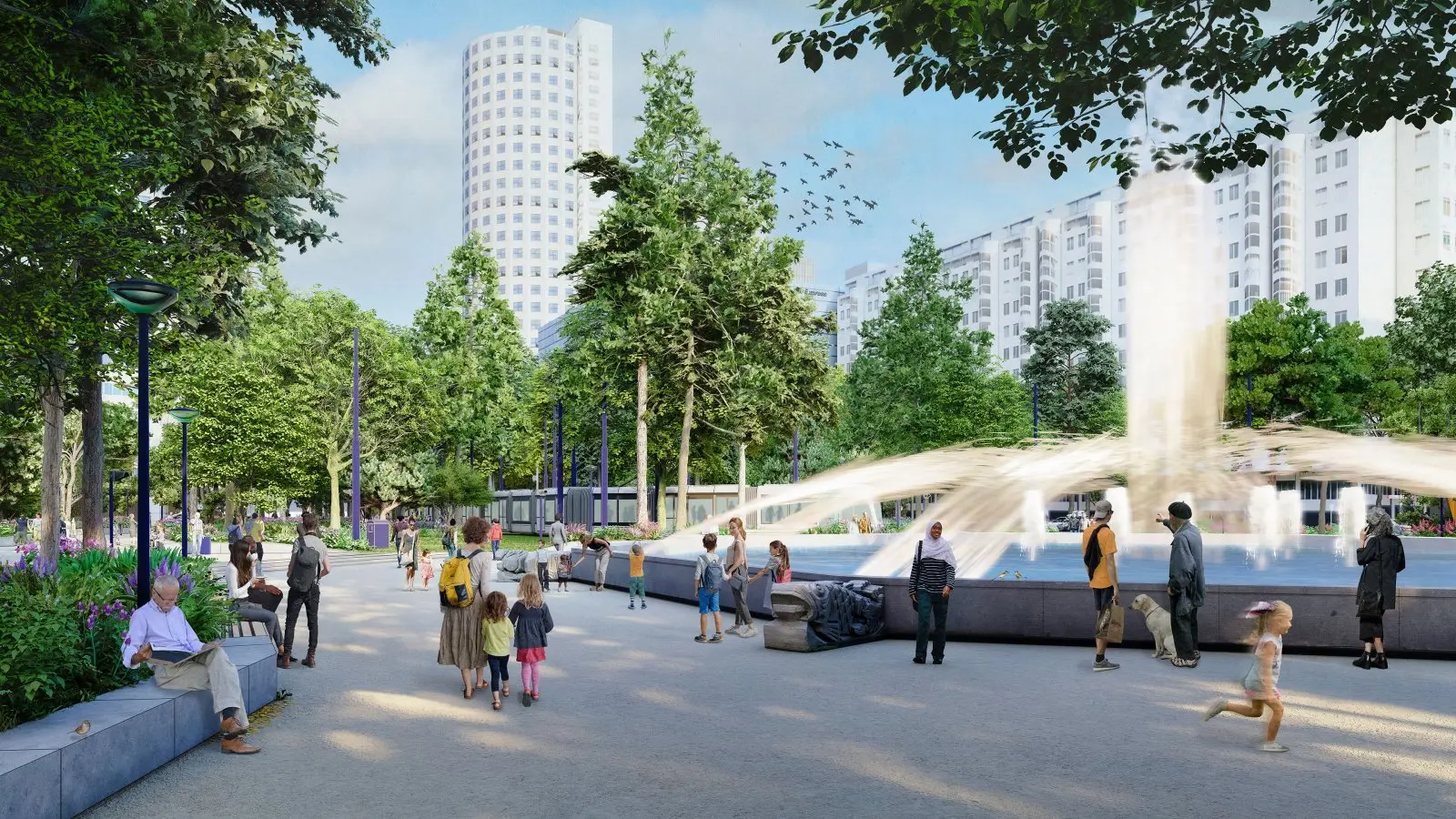 Ontwerpbeeld van een plein met fontein, bomen en wandelende mensen