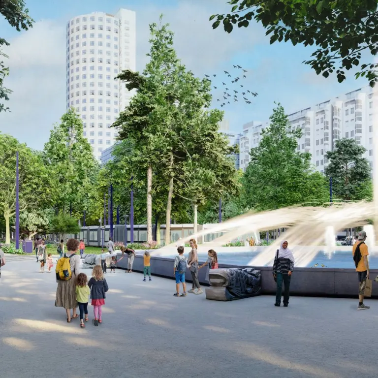 Ontwerpbeeld van een plein met fontein, bomen en wandelende mensen
