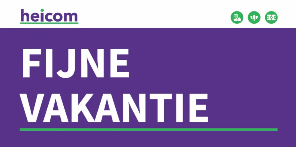 Paarse banner met het heicom-logo en de tekst Fijne vakantie
