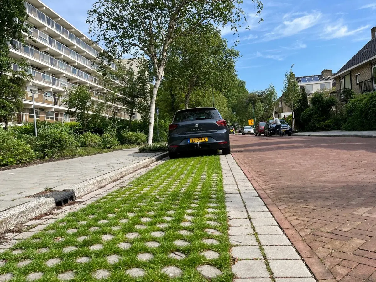 Parkeerstrook met begroeide grasbetontegels langs een flat met geparkeerde auto