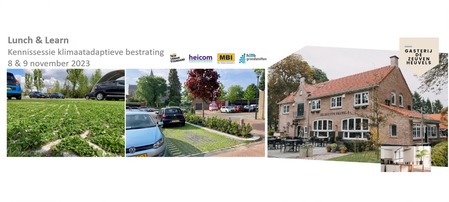 Aankondiging Lunch & Learn over klimaatadaptieve bestrating met foto's van grasparkeren