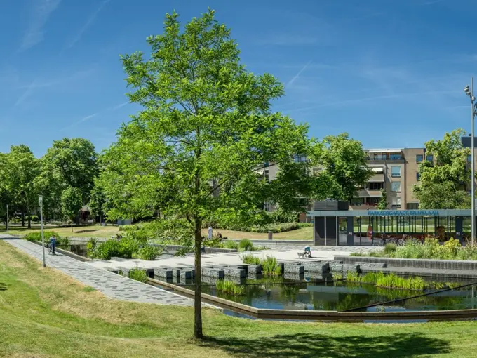 Park met wadi en waterpartij, gazons en bomen onder een blauwe lucht