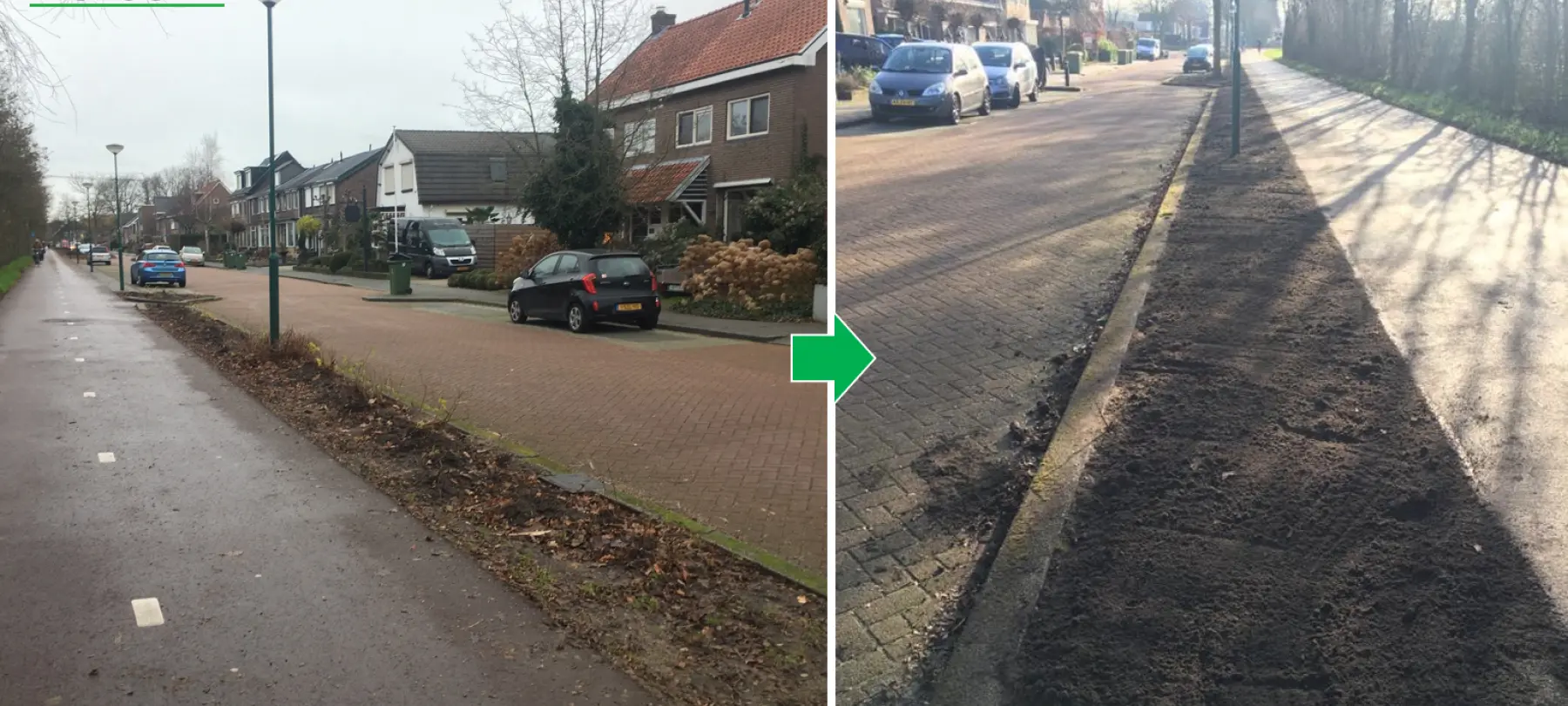 Voor-en-na van een straatberm met verse zwarte grond
