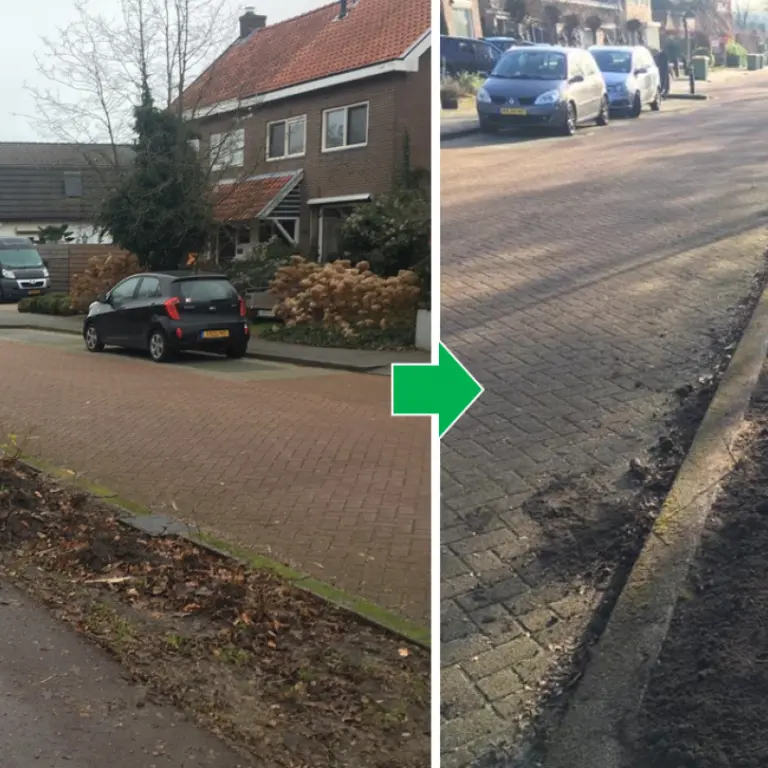 Voor-en-na van een straatberm met verse zwarte grond