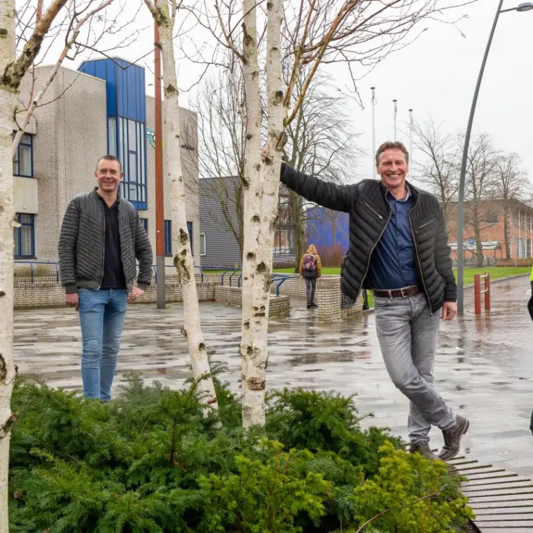 Drie mannen bij een plantvak met berken voor een modern gebouw