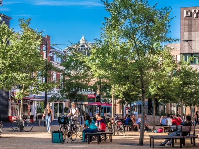 Plein met jonge bomen, bankjes en fietsers voor het gebouw Dynamo