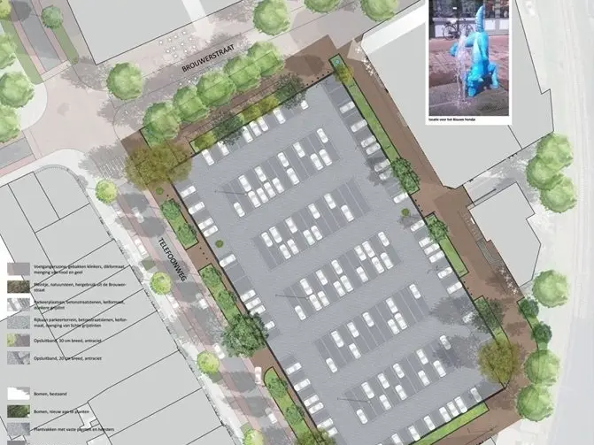 Inrichtingsplan van een parkeerplein met bomen, legenda en straatnamen