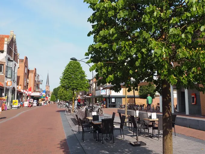Winkelstraat met bomen, terrasstoelen en een kerktoren in de verte