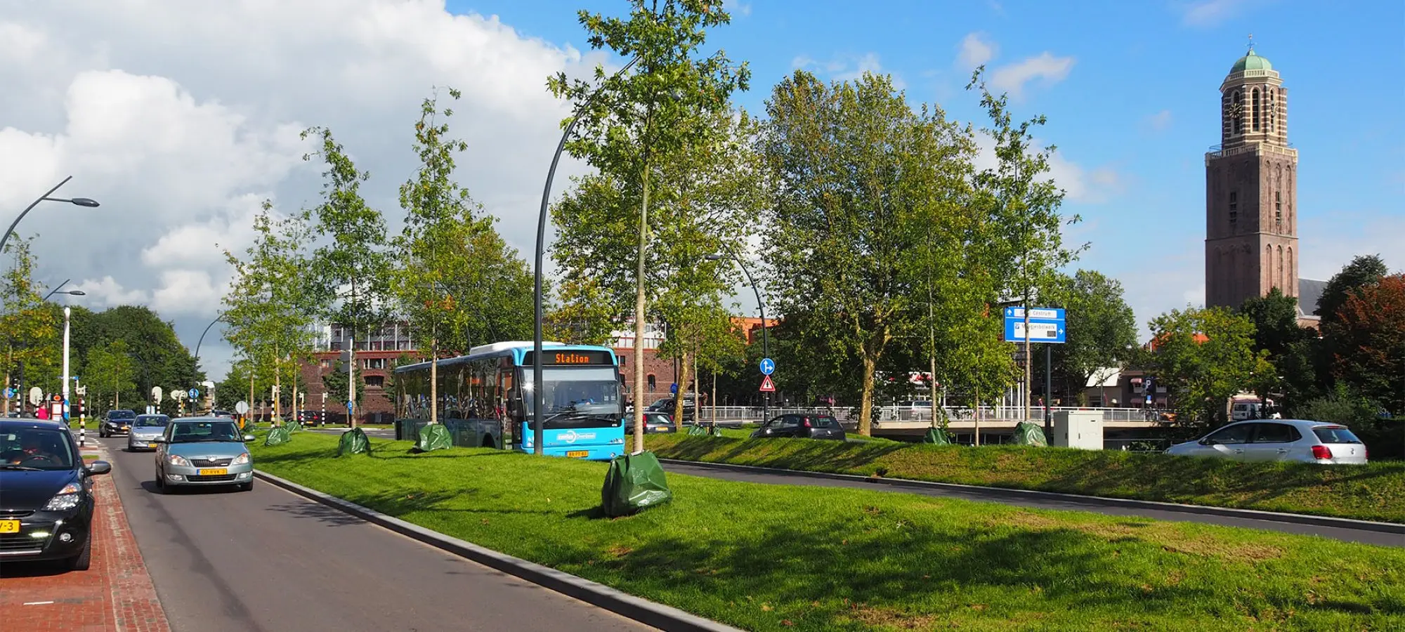 Pas geplante bomen in een grasberm langs een weg met een stadsbus