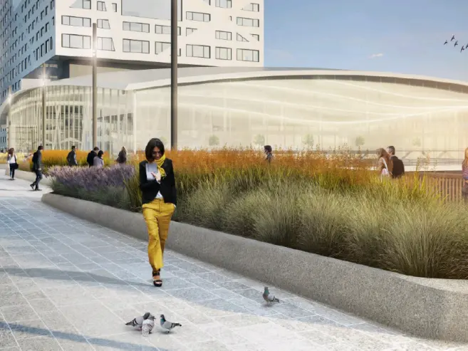 Ontwerpimpressie van een stadsplein met verhoogde plantvakken vol siergrassen