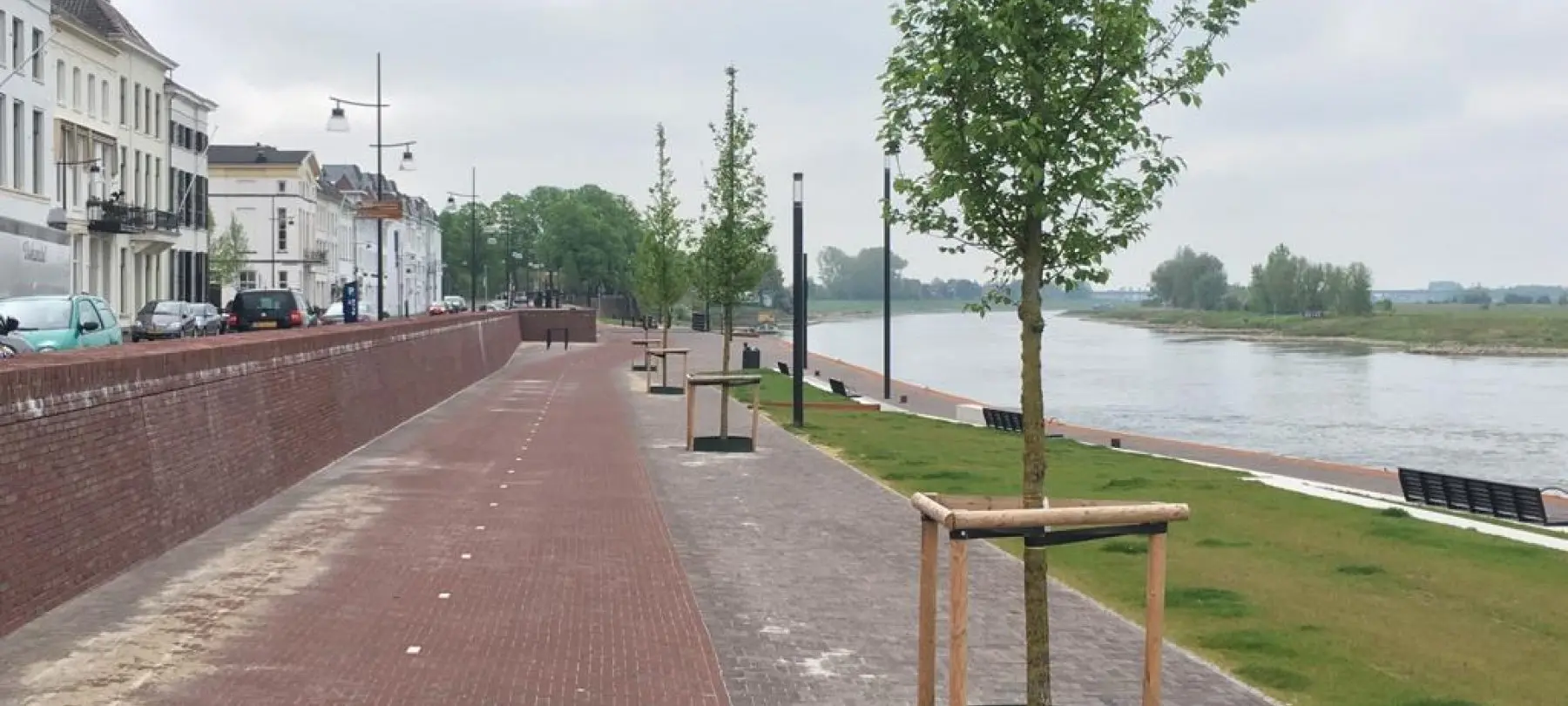 Pas geplante bomen met boompalen op een kade langs een rivier
