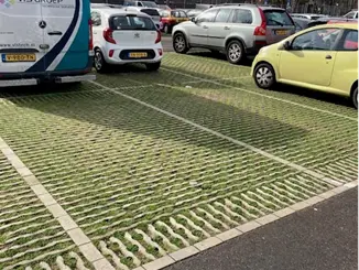 Bestelbus en auto's op grasklinkers met kale bomen op de achtergrond