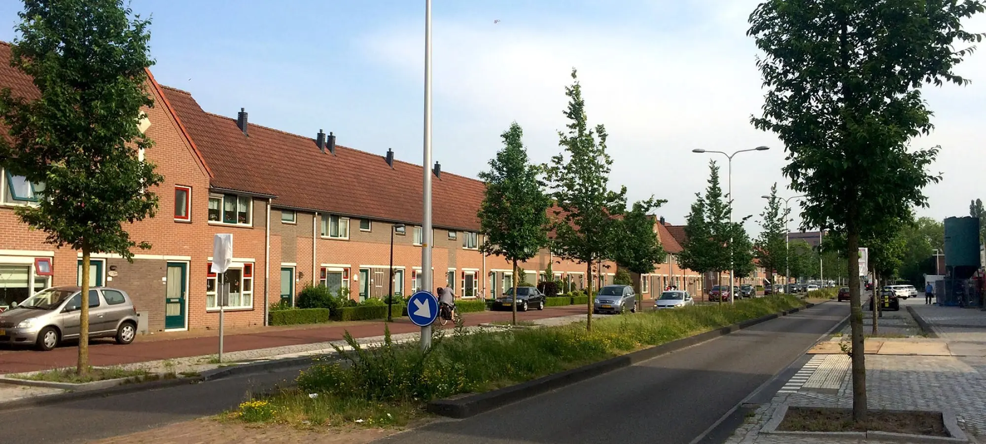 Woonstraat met rijtjeshuizen en jonge bomen op een grazige middenberm