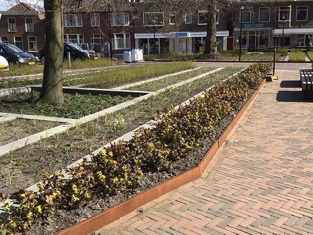 Plantvak met gele bloemen en stalen rand langs klinkerbestrating