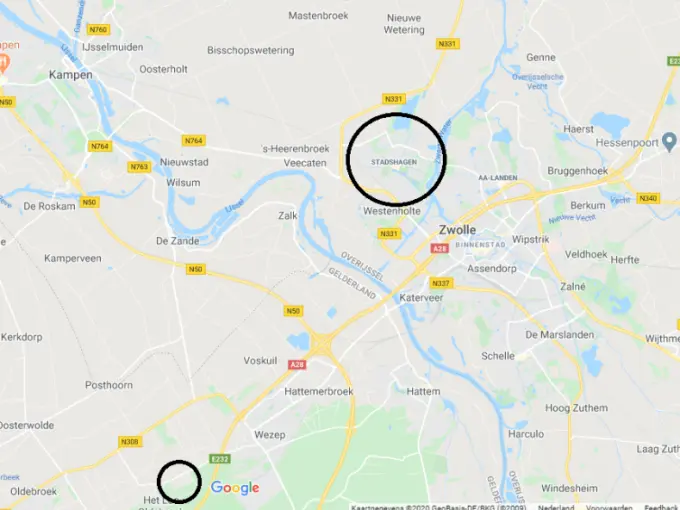 Schermafbeelding van een kaart van Zwolle met twee zwarte cirkels