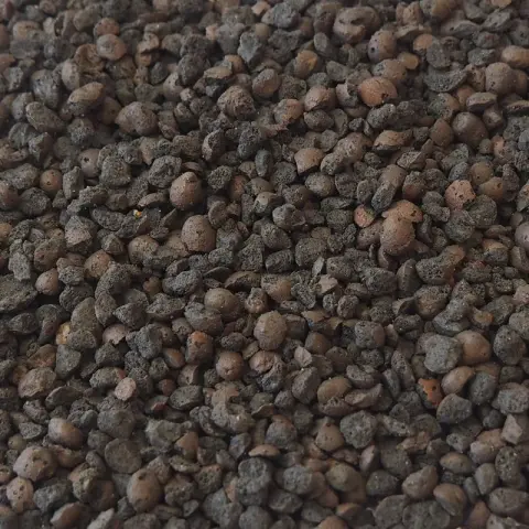 Ronde bruingrijze kleikorrels met poreus oppervlak